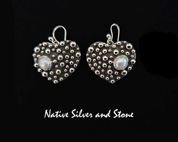 Raymond Coriz - Kewa<br>7/8" Earrings<br>Bubble Beads/Million Drops<br>Heart w Pearl<br>Hook<br>Sterling Silver (Cast)