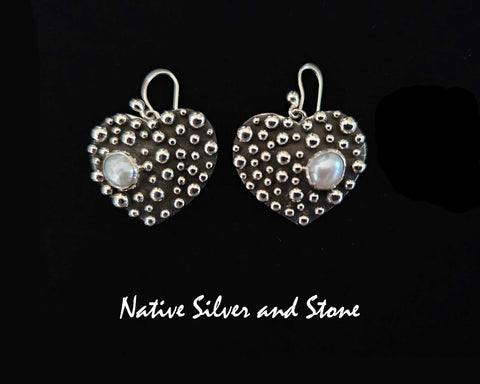 Raymond Coriz - Kewa<br>7/8" Earrings<br>Bubble Beads/Million Drops<br>Heart w Pearl<br>Hook<br>Sterling Silver (Cast)