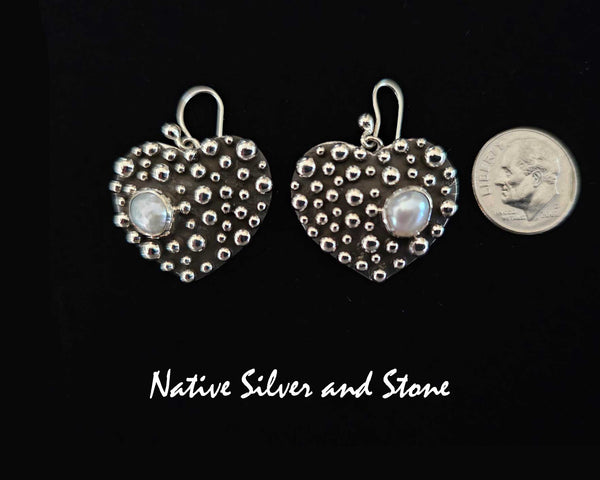 Raymond Coriz - Kewa<br>7/8" Earrings<br>Bubble Beads/Million Drops<br>Heart w Pearl<br>Hook<br>Sterling Silver (Cast)