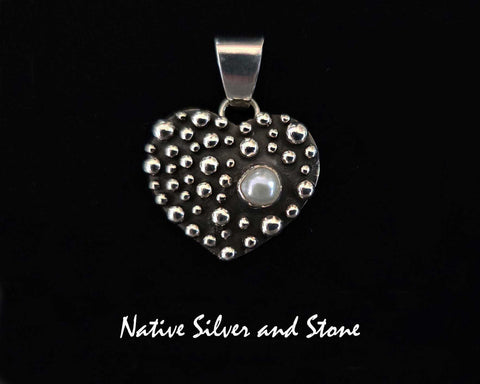Raymond Coriz - Kewa<br>7/8" Pendant<br>Bubble Beads/Million Drops<br>Heart w Pearl<br>Sterling Silver (Cast)