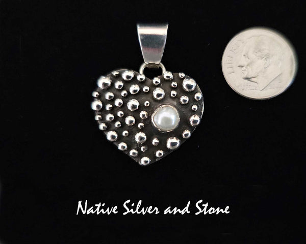 Raymond Coriz - Kewa<br>7/8" Pendant<br>Bubble Beads/Million Drops<br>Heart w Pearl<br>Sterling Silver (Cast)