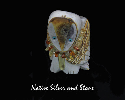 Z Bird<br>Owl<br>Necklace of Amber & Citrine<br>Zuni Fetish Carving<br>Robert Weahkee<br>Elk Antler w Jet Eyes