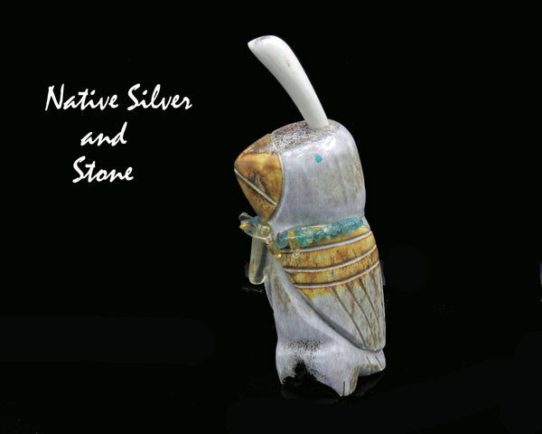 Bird<br>Quail<br>Necklace of Aquamarine & Apatite<br>Zuni Fetish Carving<br>Robert Weahkee<br>Elk Antler w Turquoise Eyes