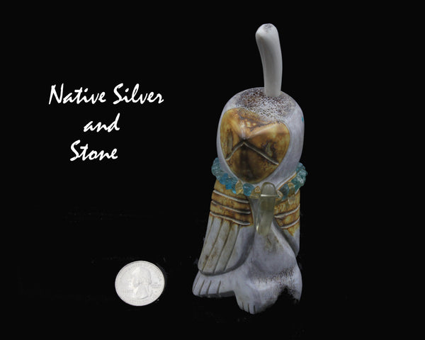 Bird<br>Quail<br>Necklace of Aquamarine & Apatite<br>Zuni Fetish Carving<br>Robert Weahkee<br>Elk Antler w Turquoise Eyes
