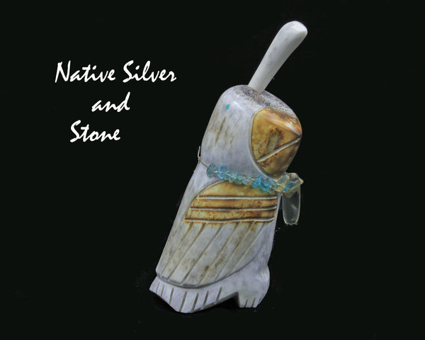 Bird<br>Quail<br>Necklace of Aquamarine & Apatite<br>Zuni Fetish Carving<br>Robert Weahkee<br>Elk Antler w Turquoise Eyes