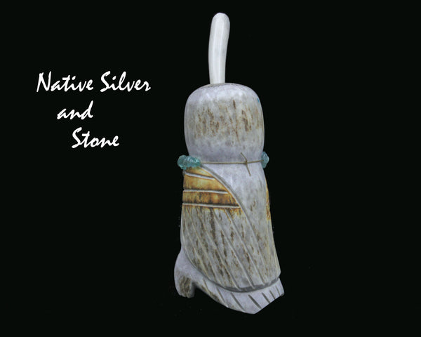 Bird<br>Quail<br>Necklace of Aquamarine & Apatite<br>Zuni Fetish Carving<br>Robert Weahkee<br>Elk Antler w Turquoise Eyes