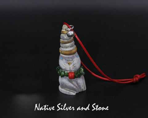 Z Cat<br>Domestic Cat<br>"Elf" Christmas Ornament 1<br> Beanie Hat & Bell<br>Diopside & Coral Necklace<br>Zuni Fetish Carving<br>Robert Weahkee<br>Deer Antler w Turquoise Eyes