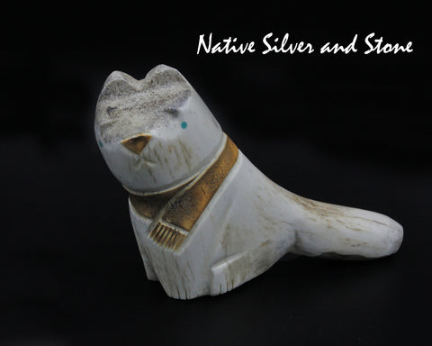 Cat<br>Domestic Cat w Scarf<br>Zuni Fetish Carving<br>Robert Weahkee<br>Elk Antler w Turquoise Eyes
