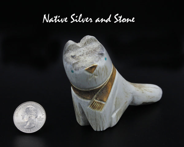 Cat<br>Domestic Cat w Scarf<br>Zuni Fetish Carving<br>Robert Weahkee<br>Elk Antler w Turquoise Eyes