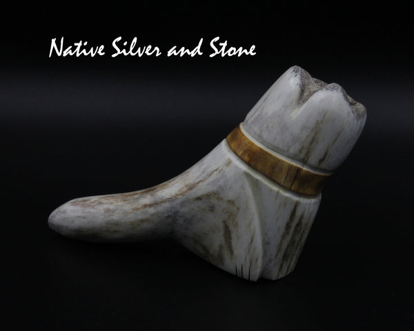 Cat<br>Domestic Cat w Scarf<br>Zuni Fetish Carving<br>Robert Weahkee<br>Elk Antler w Turquoise Eyes