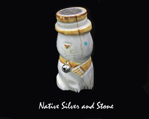 Cat<br>Domestic Cat-Small<br>Christmas<br>Scarf, Top Hat, & Bell<br>Zuni Fetish Carving<br>Robert Weahkee<br>Deer Antler w Turquoise Eyes