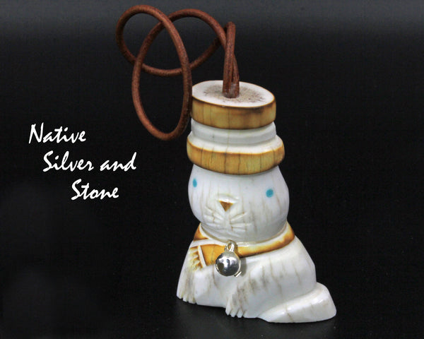 Z Cat<br>Domestic Cat<br>Christmas Ornament<br>Scarf, Top Hat, & Bell<br>Zuni Fetish Carving<br>Robert Weahkee<br>Deer Antler w Turquoise Eyes