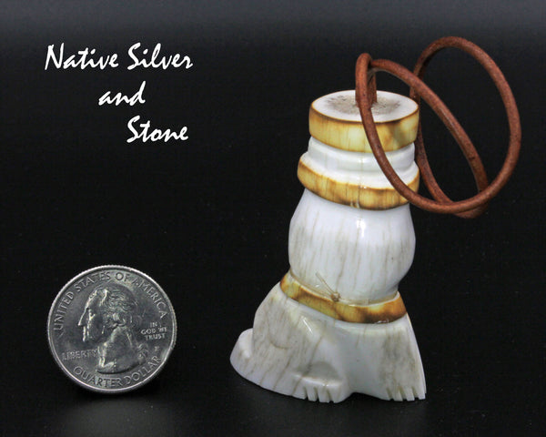 Z Cat<br>Domestic Cat<br>Christmas Ornament<br>Scarf, Top Hat, & Bell<br>Zuni Fetish Carving<br>Robert Weahkee<br>Deer Antler w Turquoise Eyes