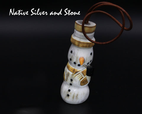 Z Snowman<br>Christmas Ornament 1<br>Scarf, Top Hat. Pipe, & Carrot Nose<br>Zuni Fetish Carving<br>Robert Weahkee<br>Deer Antler w Jet Eyes