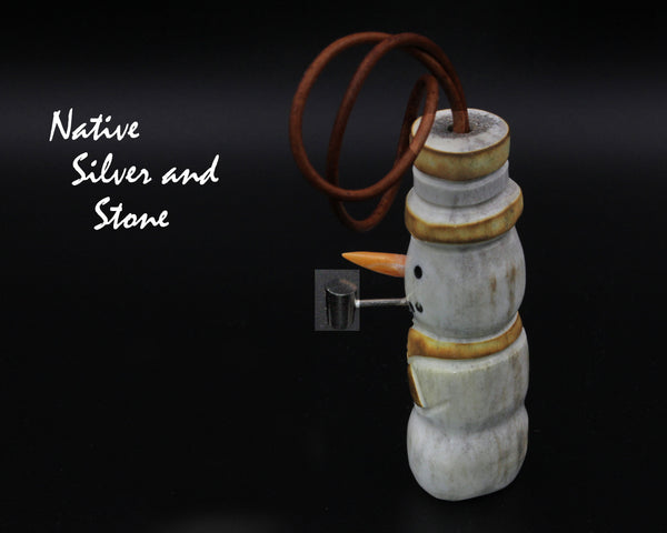 Z Snowman<br>Christmas Ornament 1<br>Scarf, Top Hat. Pipe, & Carrot Nose<br>Zuni Fetish Carving<br>Robert Weahkee<br>Deer Antler w Jet Eyes