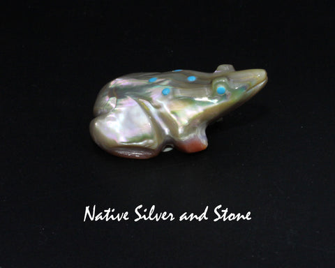 Z Frog<br>Zuni Fetish Carving<br>Ronnie Lunasee<br>Abalone Shell with Turquoise Eyes & Accents