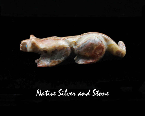 Mountain Lion on Fours<br>Zuni Fetish Carving<br>Rosella & Loubert Soseah<br>Mexican Onyx with Turquoise Accents
