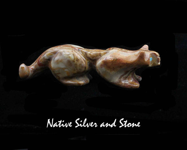 Mountain Lion on Fours<br>Zuni Fetish Carving<br>Rosella & Loubert Soseah<br>Mexican Onyx with Turquoise Accents