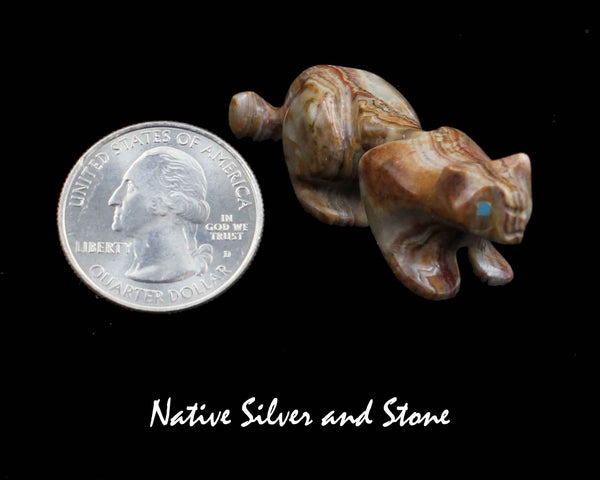 Mountain Lion on Fours<br>Zuni Fetish Carving<br>Rosella & Loubert Soseah<br>Mexican Onyx with Turquoise Accents