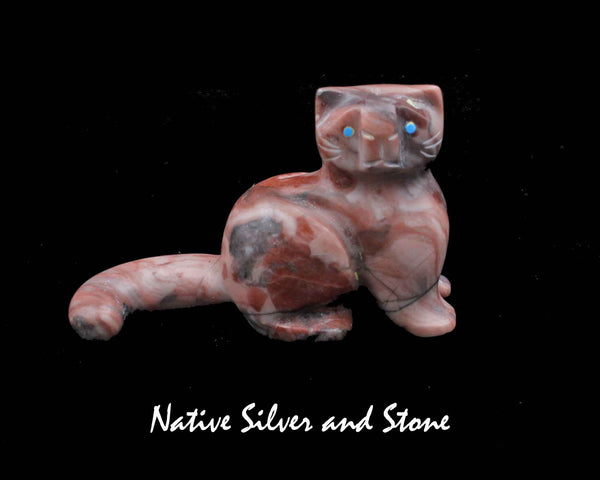 Domestic Cat Sitting Upright<br>Zuni Fetish Carving<br>Rosella Soseah<br>Rhodochrosite with Turquoise Accents