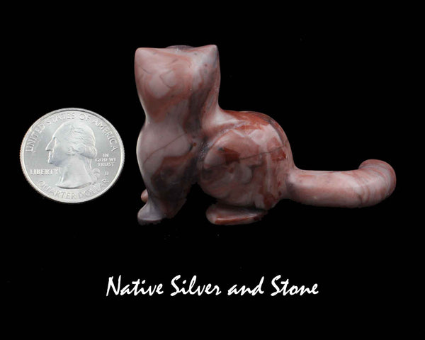 Domestic Cat Sitting Upright<br>Zuni Fetish Carving<br>Rosella Soseah<br>Rhodochrosite with Turquoise Accents