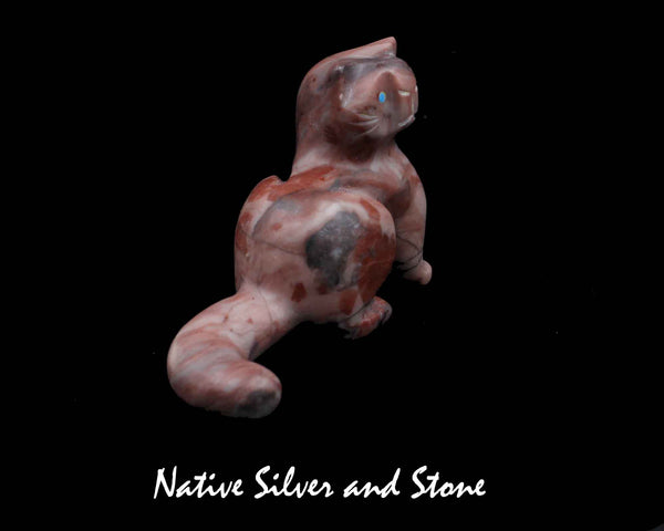 Domestic Cat Sitting Upright<br>Zuni Fetish Carving<br>Rosella Soseah<br>Rhodochrosite with Turquoise Accents
