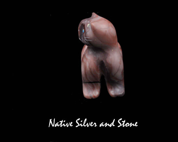 Domestic Cat Sitting Upright<br>Zuni Fetish Carving<br>Rosella Soseah<br>Rhodochrosite with Turquoise Accents