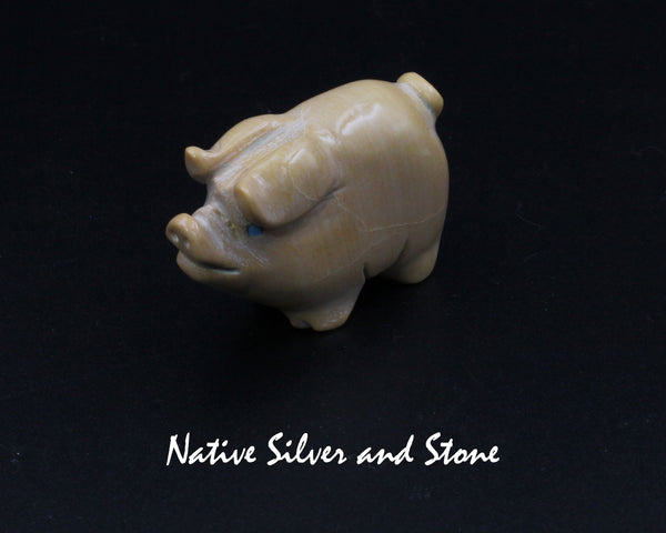 Pig<br>Zuni Fetish Carving<br>Stanton Hanneweeke<br>Dolomite - Turquoise Eyes