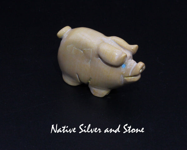 Pig<br>Zuni Fetish Carving<br>Stanton Hanneweeke<br>Dolomite - Turquoise Eyes