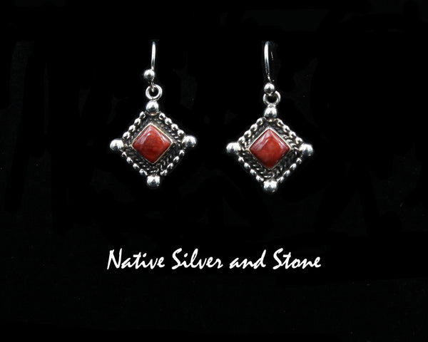 Thomas Valencia - Native American Jewelry<br>3/4" Earrings<br>5/16" Orange Spiny<br>Diamond in a Diamond<br>Twist and Mixed Dots<br>Hook<br>Sterling Silver