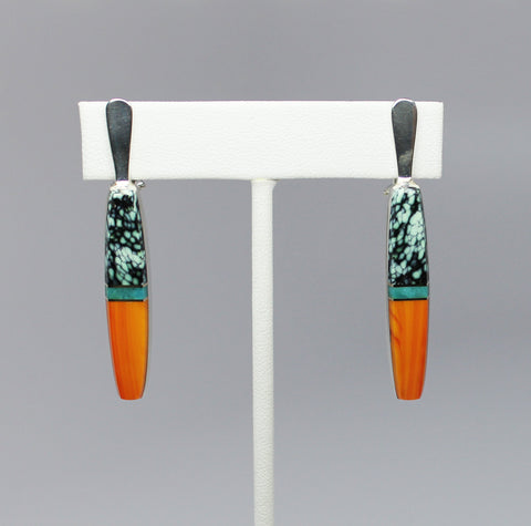 Z Duane Maktima (Laguna/Hopi)<br>Earrings Only<br>Chalcosiderite, Gem Silica, Orange Rosarita<br> Post-Latch<br>Inlaid in Sterling Silver