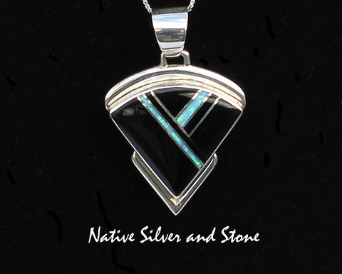 Z Albert Francisco - Navajo<br>Handmade Pendant w Chain<br>Large Arrowhead Multi-Inlay<br>Onyx & Imitation Opal in Sterling Silver