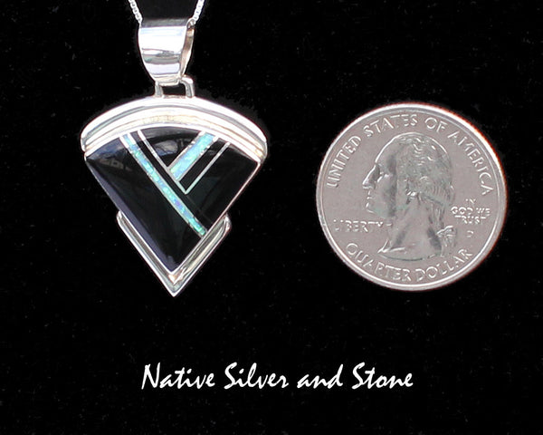 Z Albert Francisco - Navajo<br>Handmade Pendant w Chain<br>Large Arrowhead Multi-Inlay<br>Onyx & Imitation Opal in Sterling Silver
