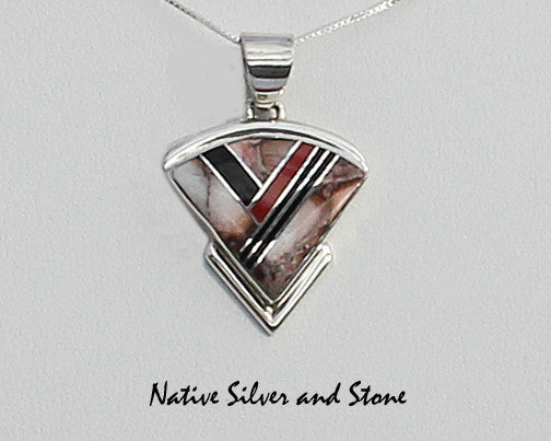 Albert Francisco - Navajo<br>1" Pendant Multi-Inlay<br>Large Arrowhead<br>Jasper, Onyx & Coral<br>Sterling Silver