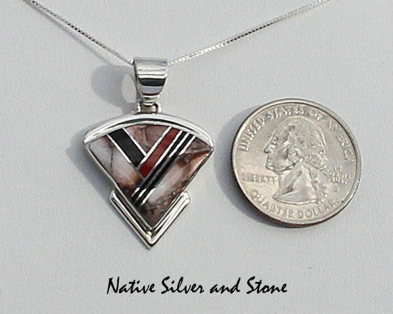 Albert Francisco - Navajo<br>1" Pendant Multi-Inlay<br>Large Arrowhead<br>Jasper, Onyx & Coral<br>Sterling Silver
