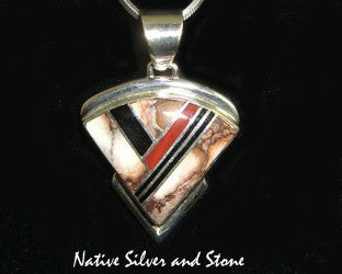 Albert Francisco - Navajo<br>1" Pendant Multi-Inlay<br>Large Arrowhead<br>Jasper, Onyx & Coral<br>Sterling Silver