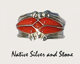Z Arick & L Lukila - Zuni<br>Native American Jewelry - Ring<br>Coral Inlay<br>Sterling Silver Size  9