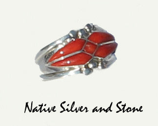 Z Arick & L Lukila - Zuni<br>Native American Jewelry - Ring<br>Coral Inlay<br>Sterling Silver Size  9