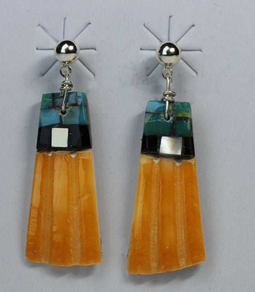Z Angie Reano Owen<br>Santo Domingo/Kewa Jewelry<br>Earrings - Dangle Post,<br>Pectin Ripple Shell,<br>Turquoise, Jet, White MOP