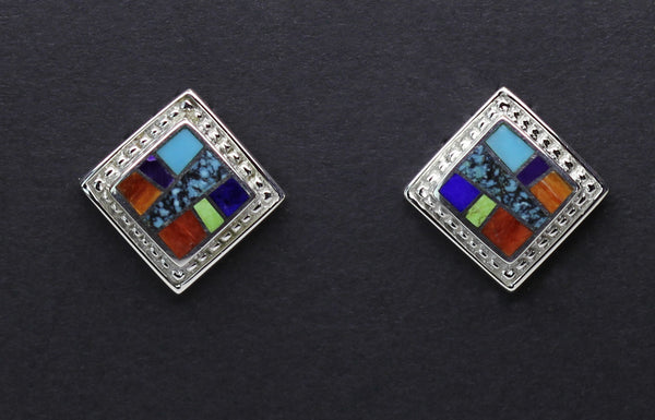 Supersmith-David Rosales<br>Earrings Post/Stud<br>ER296 Indian Summer Multi-Inlay<br>Lapis, Sugilite, Orange Spiny,<br>Red Spiny, Gaspiete, &<br>Sleeping Beauty Turquoise<br> Navajo