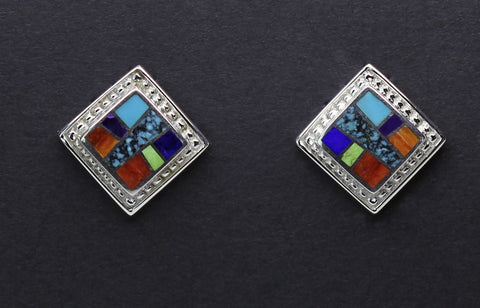 Supersmith-David Rosales<br>Earrings Post/Stud<br>ER296 Indian Summer Multi-Inlay<br>Lapis, Sugilite, Orange Spiny,<br>Red Spiny, Gaspiete, &<br>Sleeping Beauty Turquoise<br> Navajo