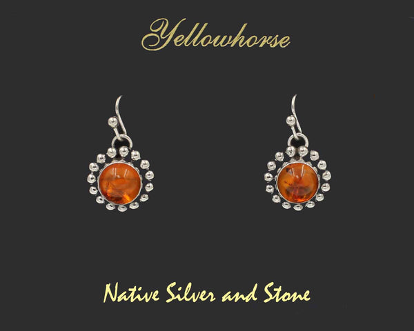 Z Artie Yellowhorse - Navajo<br>ERSHA1SB<br>5/8" Earrings - Round<br>10mm Amber<br>Single Bead/Dot<br>Hook<br>Sterling Silver