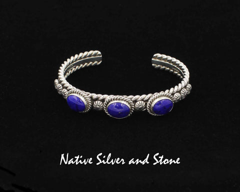 Z Artie Yellowhorse - Navajo<br>BCLTST<br>3/8" Bracelet Cuff<br>3 Lapis Lazuli Horizontal Ovals<br>Cables, Stamped Shots, Twists<br>Sterling Silver<br>Size 6-1/4 (Medium)