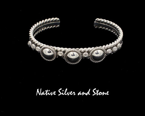 Artie Yellowhorse - Navajo<br>BCASTST<br>3/8" Bracelet Cuff<br>3  Domed Twist All Silver Round<br>Cables, Stamped Shots<br>Sterling Silver<br>Size 6-1/8 (Small-Medium)