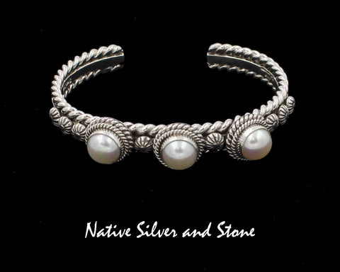 Z Artie Yellowhorse - Navajo<br>3/8" Bracelet Cuff<br>3  White Pearl 8mm Round<br>Cables, Stamped Shots, Twists<br>Sterling Silver<br>Size 6-1/8 (Small-Medium)