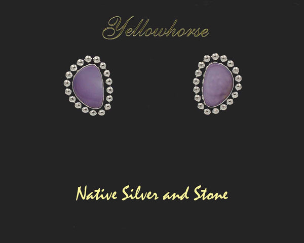 Z Artie  Yellowhorse - Navajo<br>3/4" Earrings<br>14mm Purple Aqua Nueva Agate<br>Soft Triangles<br>Single Bead/Dot<br>Sterling Silver