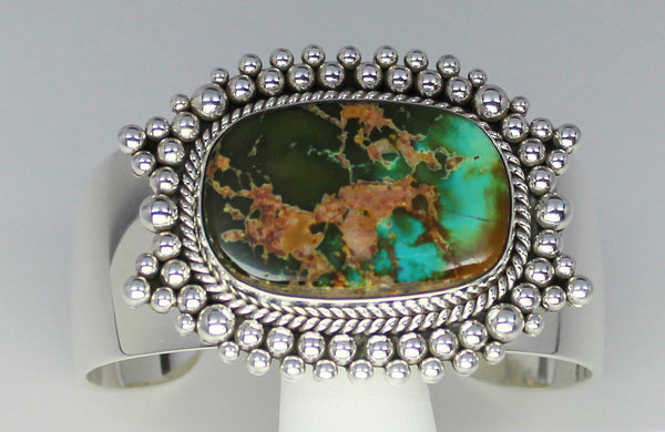 Z Artie Yellowhorse - Navajo<br>BCTTBB<br>Bracelet Cuff<br>Natural Royston Green Turquoise<br>with Sterling Silver Beaded Perimeter<br>Size 6-1/2