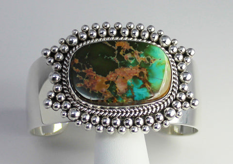 Z Artie Yellowhorse - Navajo<br>BCTTBB<br>Bracelet Cuff<br>Natural Royston Green Turquoise<br>with Sterling Silver Beaded Perimeter<br>Size 6-1/2