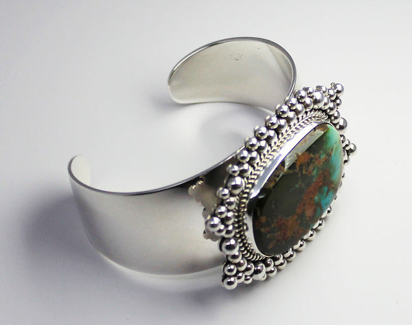 Z Artie Yellowhorse - Navajo<br>BCTTBB<br>Bracelet Cuff<br>Natural Royston Green Turquoise<br>with Sterling Silver Beaded Perimeter<br>Size 6-1/2
