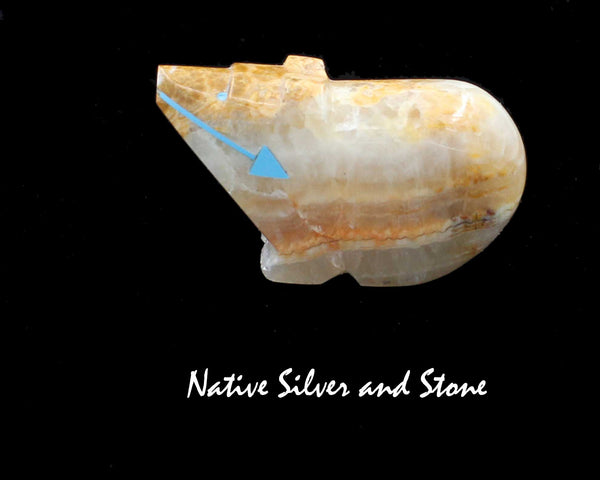 Z Bear on Fours<br> Zuni Fetish Carving<br>Abby Quam<br>Mexican Onyx<br>Turquoise Eyes & Heartline